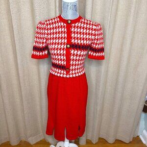 Vintage Adolfo New York Knit Red Houndstooth Dress, Neiman Marcus, Size 4